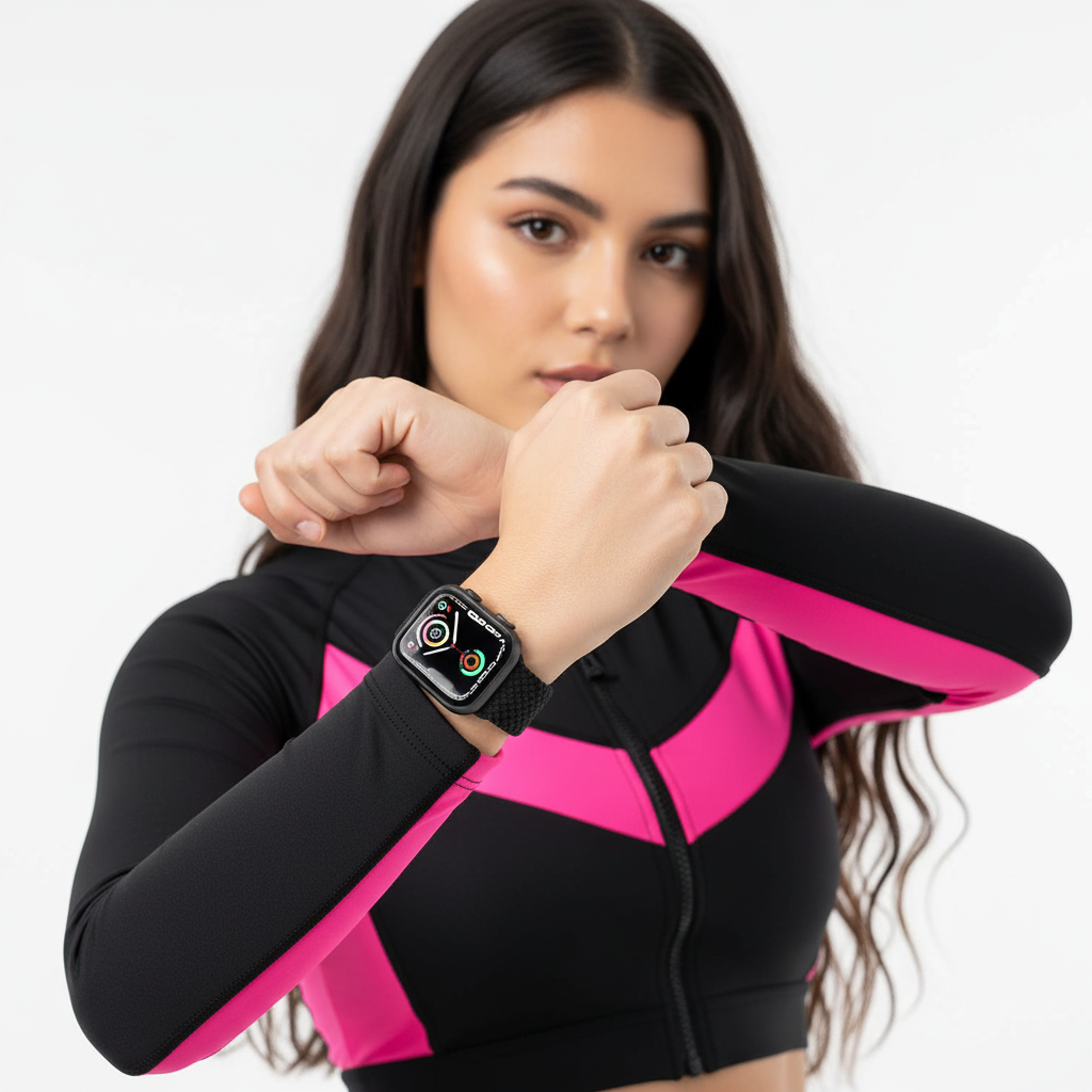 Woman wearing a black and pink athletic outfit with a smartwatch on a white background