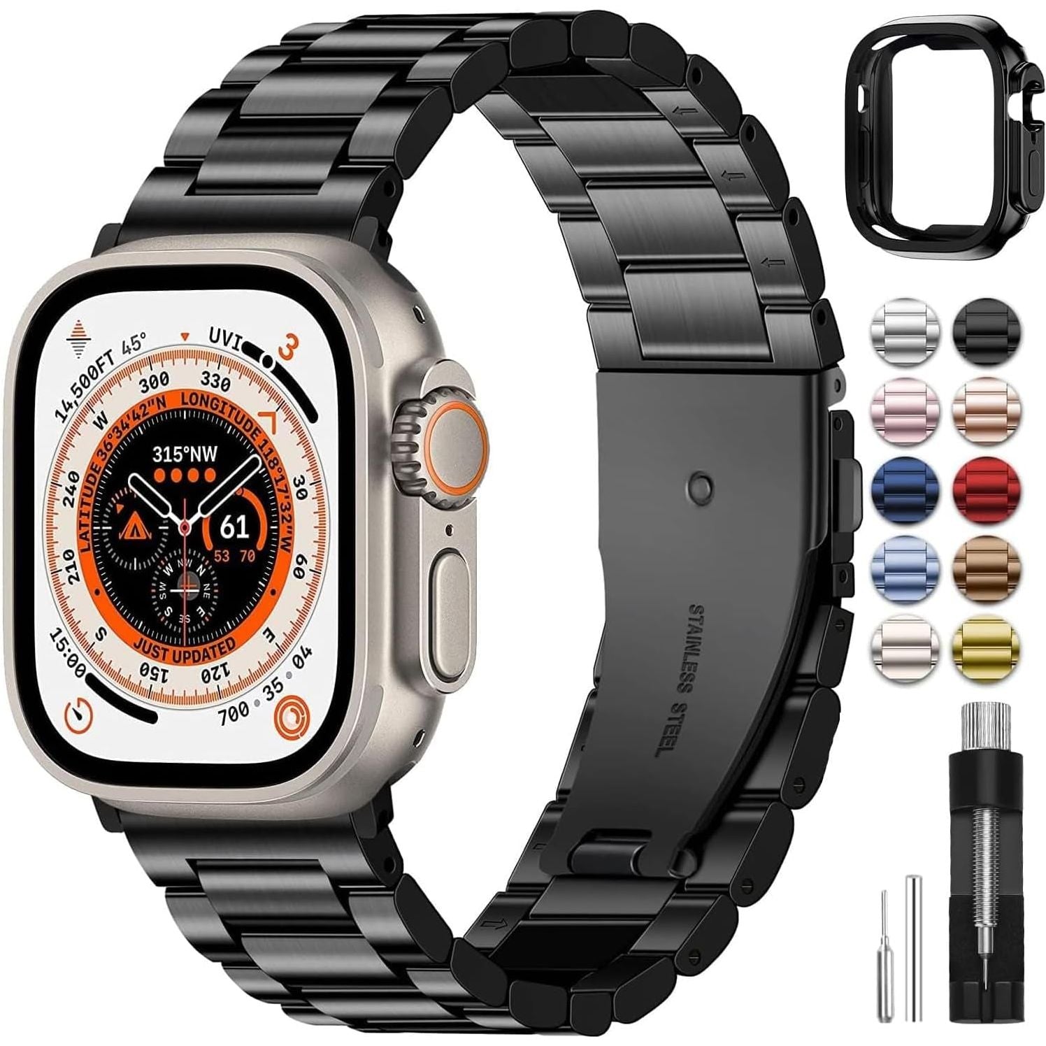 Compatible for Apple Watch Band 45Mm 44Mm 42Mm, Stainless Steel Iwatch Band with Case for Apple Watch Series 9 8 7 6 5 4 3 2 1 & Iwatch SE and SE 2, 42Mm 44Mm 45Mm Black