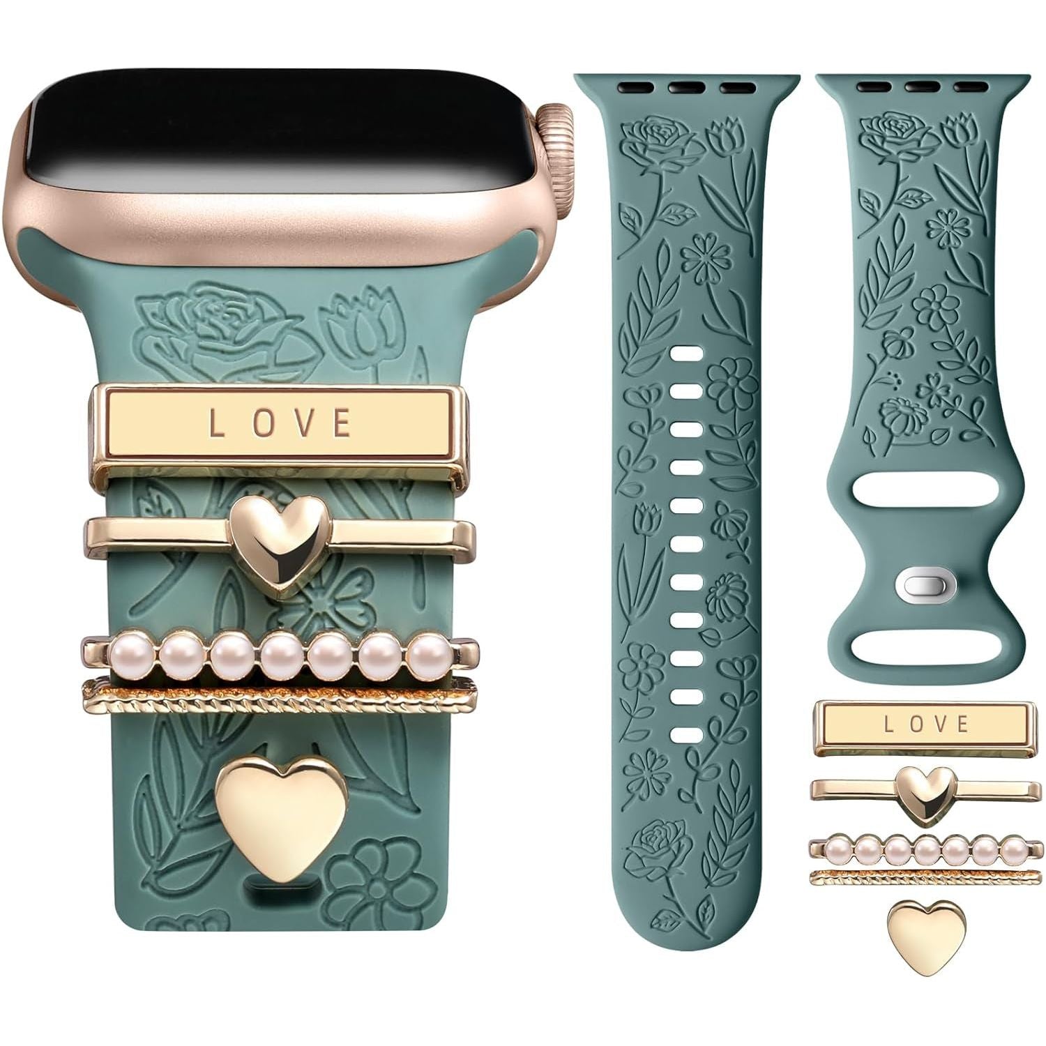 Flower Engraved Band Compatible with Apple Watch Bands 38Mm 40Mm 41Mm for Women, Soft Silicone Sport Band with Decorative Apple Watch Charms for Iwatch Series 9 8 7 6 5 4 3 2 1 SE (With Band)