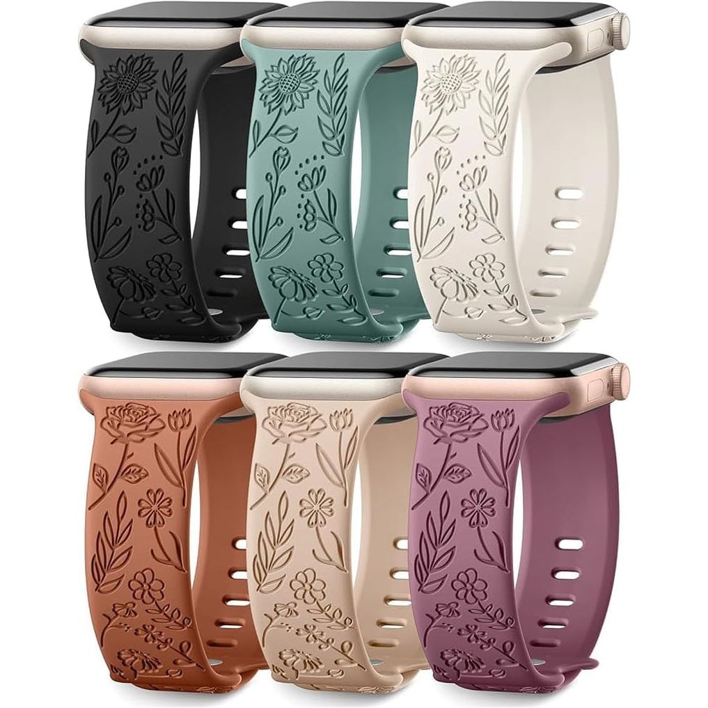 6 Pack Floral Engraved Bands Compatible with Apple Watch Band 40Mm 38Mm 41Mm 42Mm 44Mm 45Mm 49Mm Women, Silicone Soft Cute Flower Pattern Strap for Iwatch Series Ultra Ultra 2 SE 9 8 7 6 5 4 3 2 1