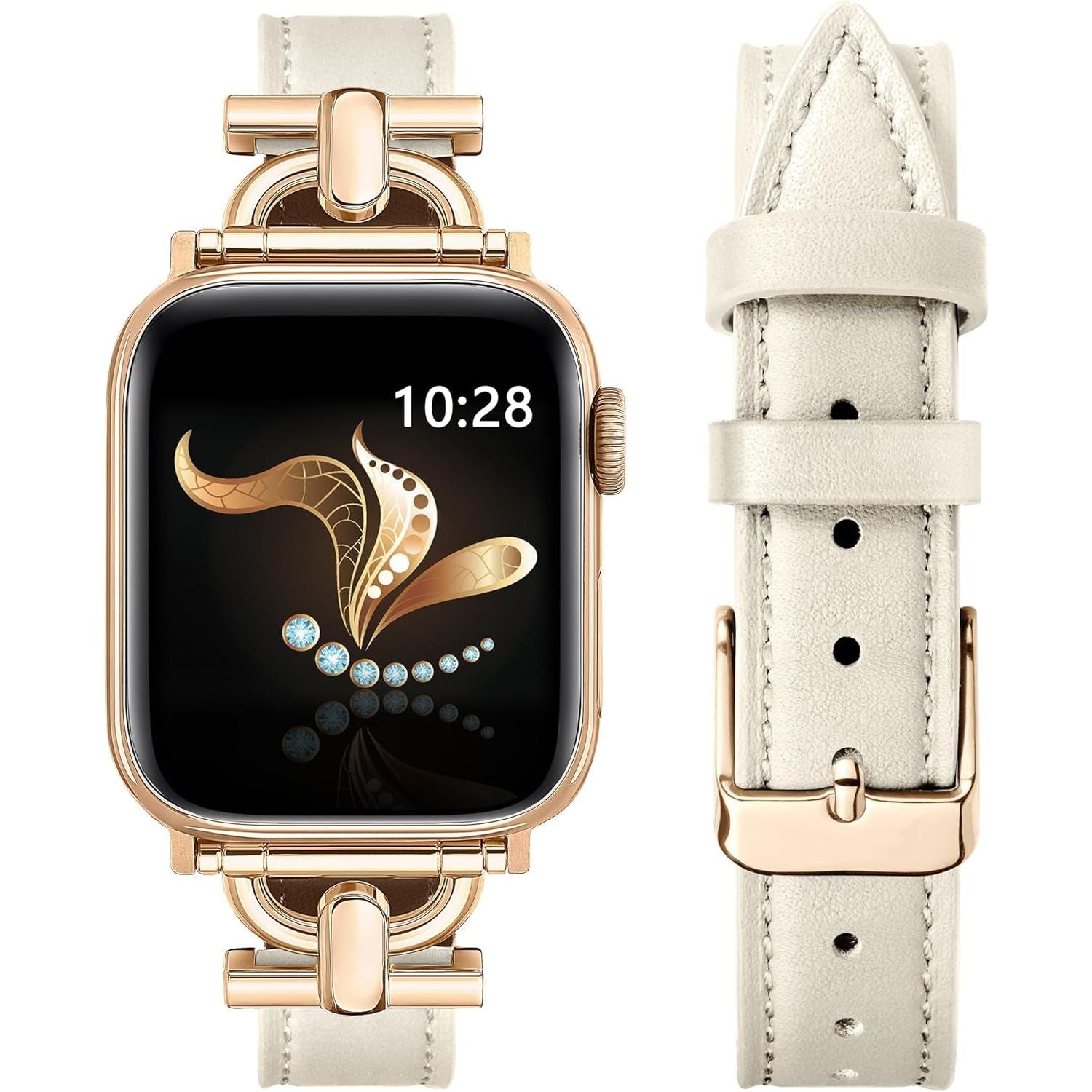 Compatible with Apple Watch Strap 42Mm 41Mm 40Mm 38Mm, Luxury Leather Band for Iwatch Series10 9 8 7 6 5 4 3 2 1 SE, Slim Dressy Apple Watch Band with D-Shape Metal Buckle,Women(Black/Rose Gold）