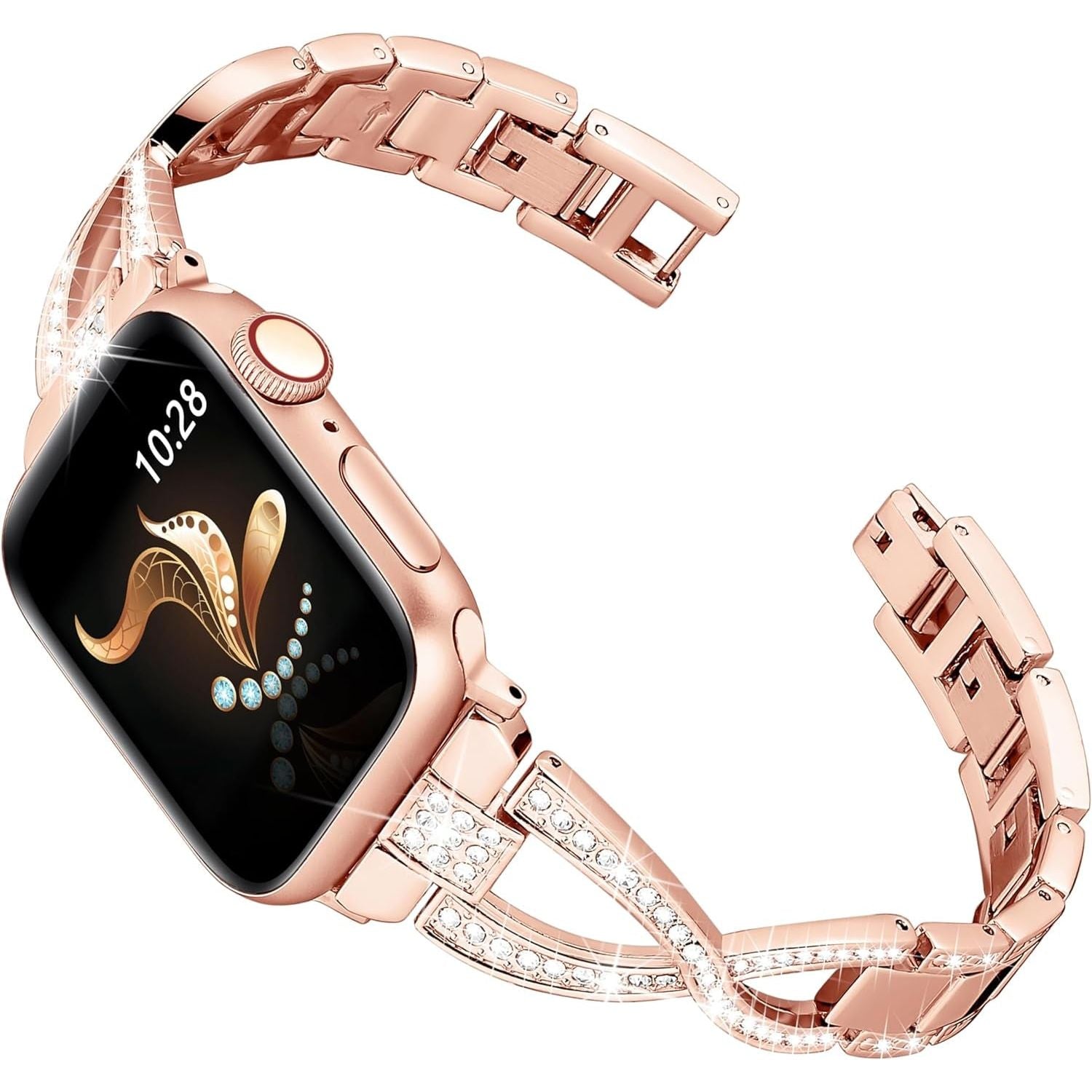 Compatible with Apple Watch Strap 42Mm 41Mm 40Mm 38Mm, Glitter Metal Iwatch Band for Iwatch Series 10 9 8 7 6 5 4 3 2 1 SE, Bling Dressy Jewelry Apple Watch Band Bracelet for Women (Rose Gold)