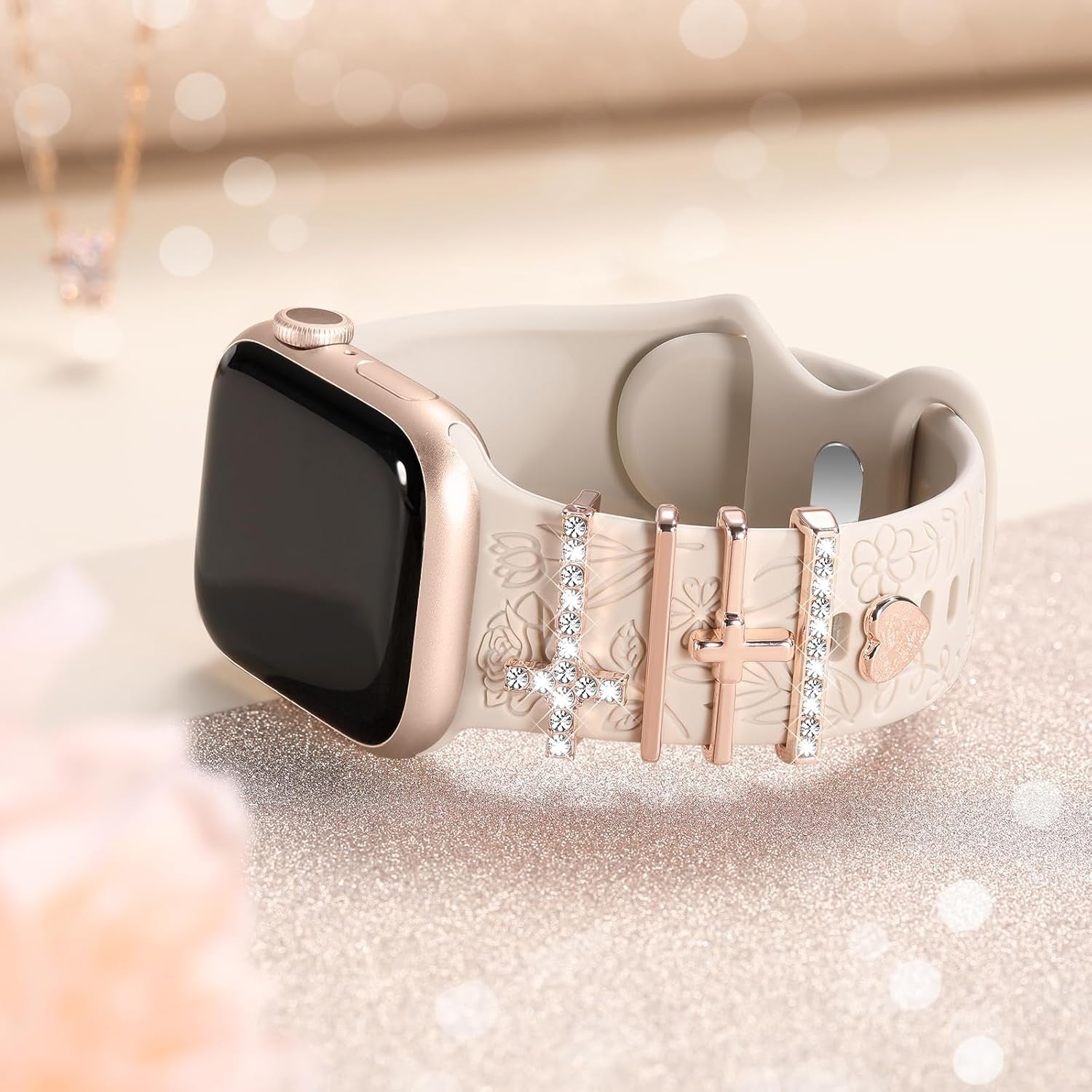 Straplab Floral Engraved Soft Silicone Apple Watch Band with 5 Charms