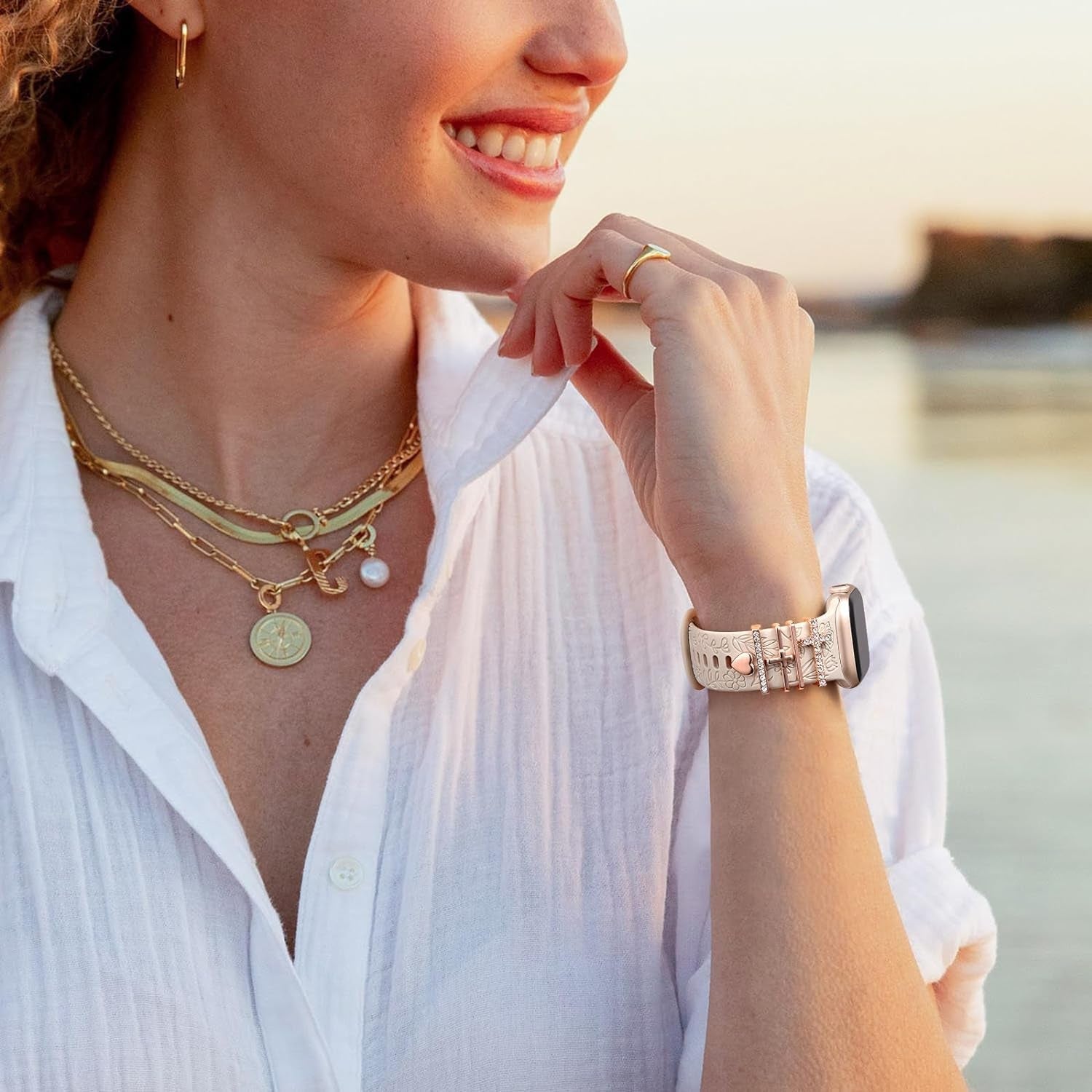 Straplab Floral Engraved Soft Silicone Apple Watch Band with 5 Charms