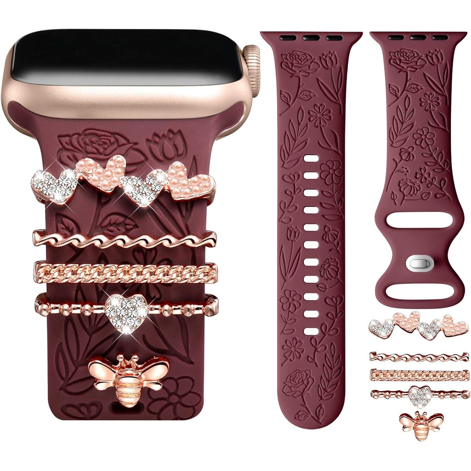 Flower Engraved Band Compatible with Apple Watch Bands 38Mm 40Mm 41Mm for Women, Soft Silicone Sport Band with Decorative Apple Watch Charms for Iwatch Series 9 8 7 6 5 4 3 2 1 SE (With Band)