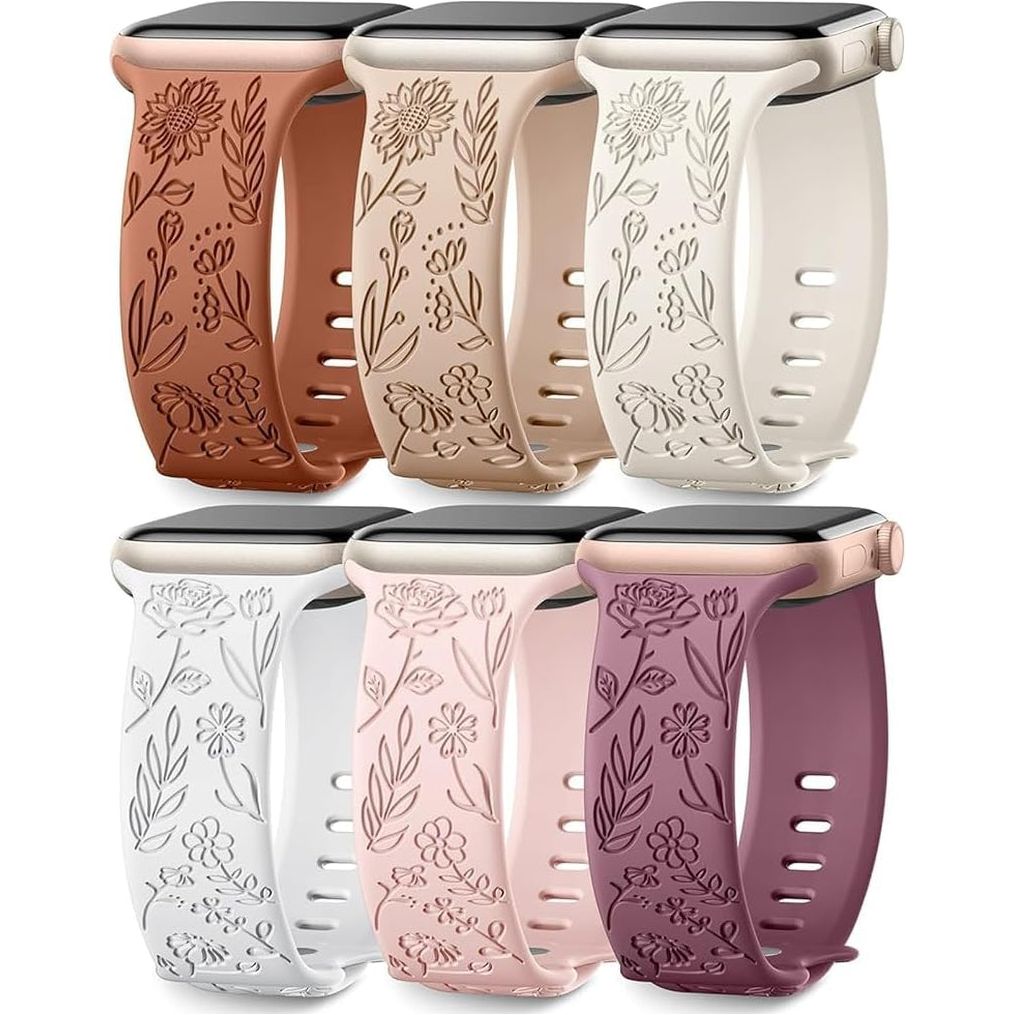 6 Pack Floral Engraved Bands Compatible with Apple Watch Band 40Mm 38Mm 41Mm 42Mm 44Mm 45Mm 49Mm Women, Silicone Soft Cute Flower Pattern Strap for Iwatch Series Ultra Ultra 2 SE 9 8 7 6 5 4 3 2 1
