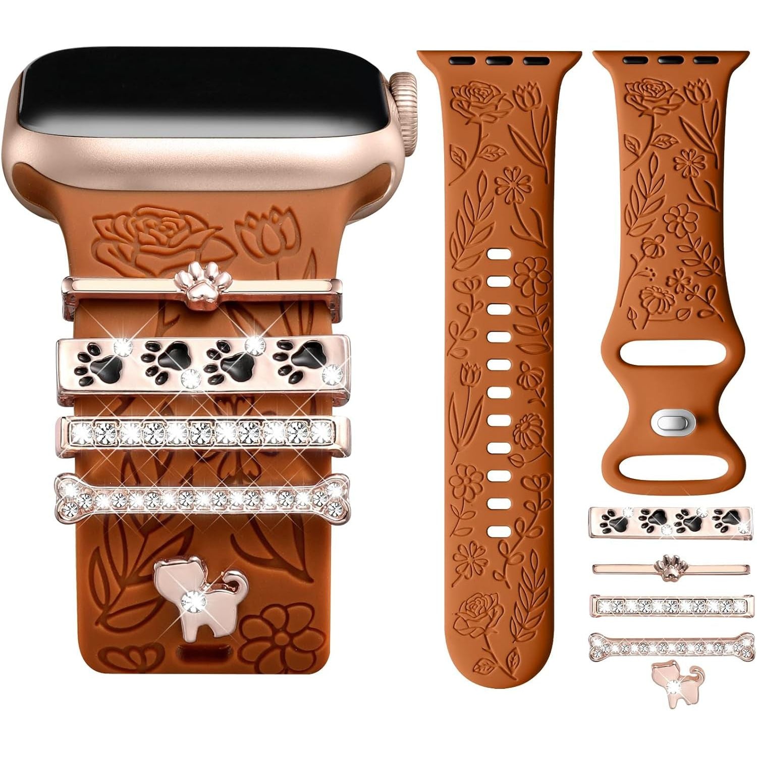 Flower Engraved Band Compatible with Apple Watch Bands 38Mm 40Mm 41Mm for Women, Soft Silicone Sport Band with Decorative Apple Watch Charms for Iwatch Series 9 8 7 6 5 4 3 2 1 SE (With Band)