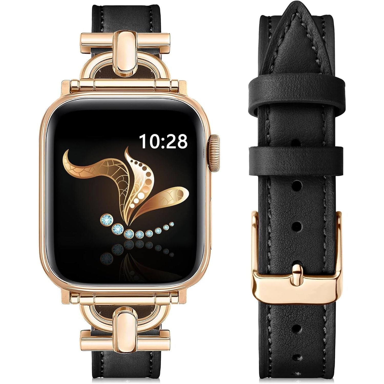 Compatible with Apple Watch Strap 42Mm 41Mm 40Mm 38Mm, Luxury Leather Band for Iwatch Series10 9 8 7 6 5 4 3 2 1 SE, Slim Dressy Apple Watch Band with D-Shape Metal Buckle,Women(Black/Rose Gold）