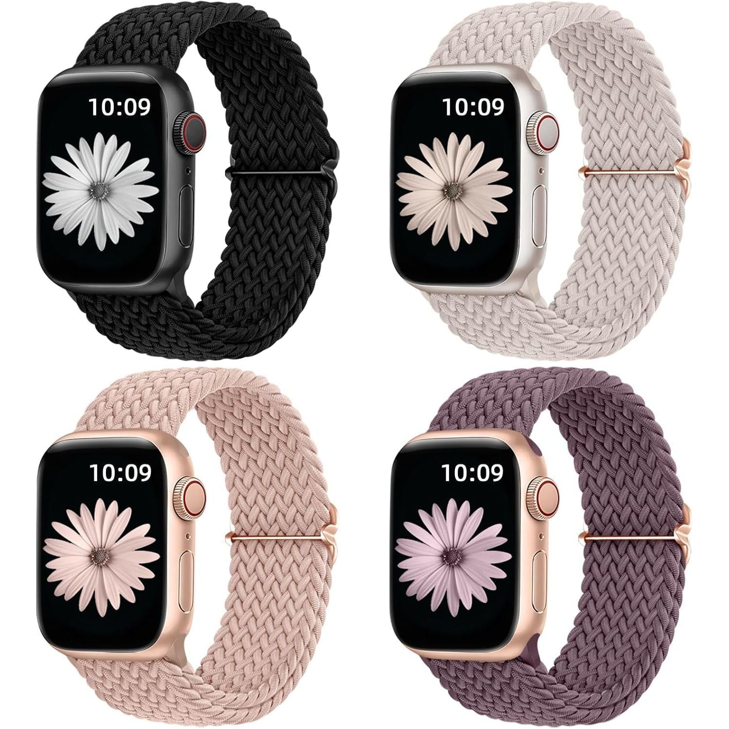 4 Pack Braided Stretchy Solo Loop Compatible with Apple Watch Band 38/40/41/42Mm, 42/44/45/46/49Mm Women Men, Adjustable Nylon Strap Wristband for Iwatch Series10 9 8 7 6 SE 5 4 3 2 1 Ultra1/2