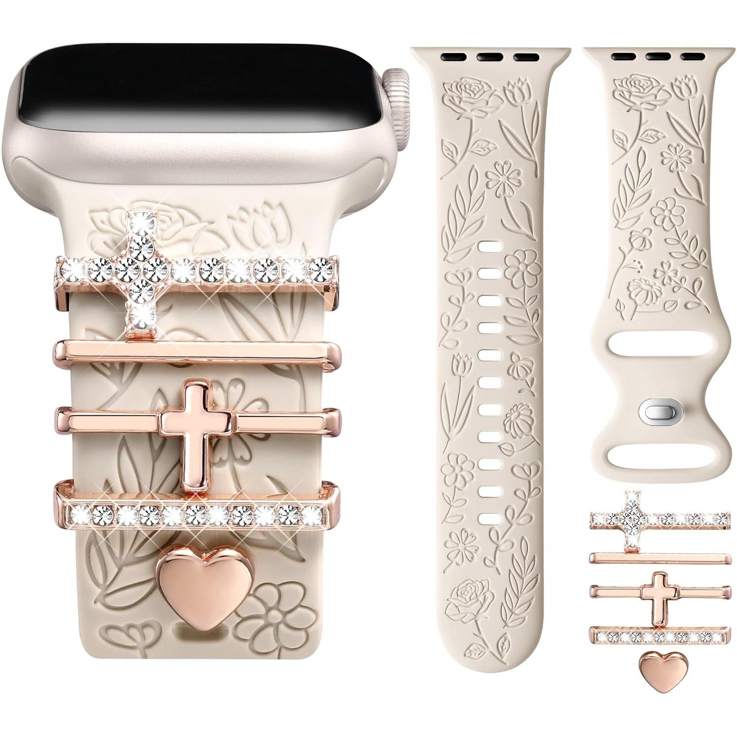 Flower Engraved Band Compatible with Apple Watch Bands 38Mm 40Mm 41Mm for Women, Soft Silicone Sport Band with Decorative Apple Watch Charms for Iwatch Series 9 8 7 6 5 4 3 2 1 SE (With Band)