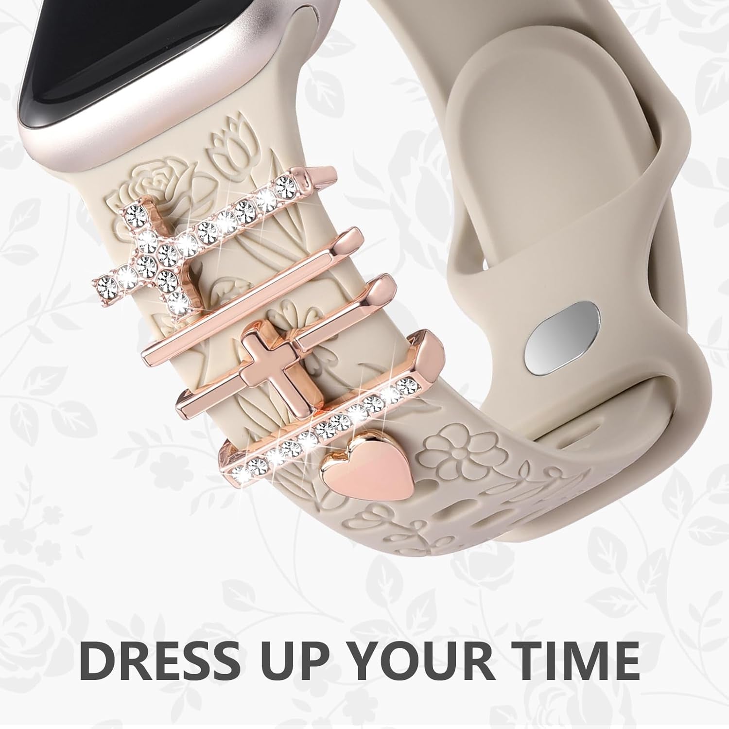 Straplab Floral Engraved Soft Silicone Apple Watch Band with 5 Charms