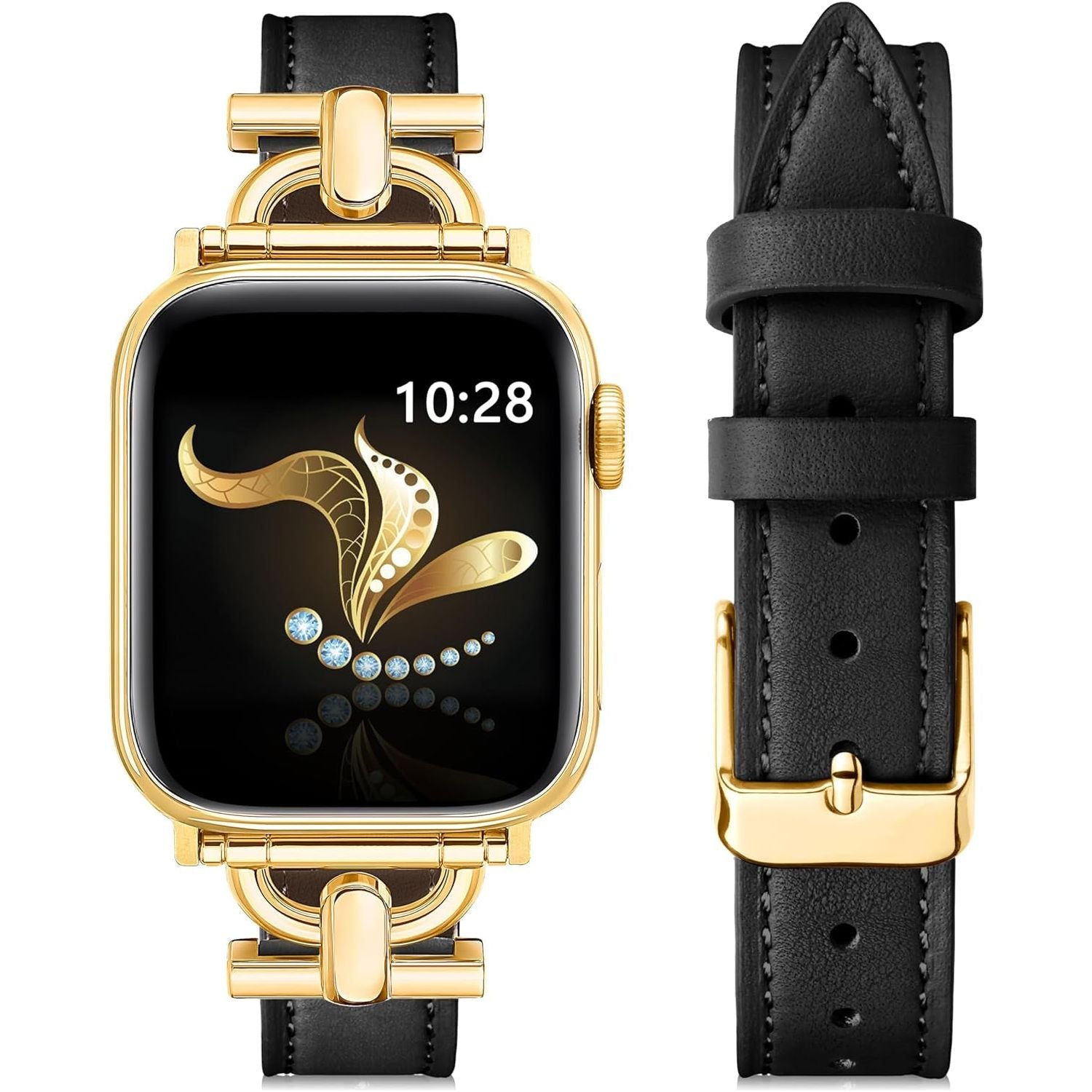 Compatible with Apple Watch Strap 42Mm 41Mm 40Mm 38Mm, Luxury Leather Band for Iwatch Series10 9 8 7 6 5 4 3 2 1 SE, Slim Dressy Apple Watch Band with D-Shape Metal Buckle,Women(Black/Rose Gold）