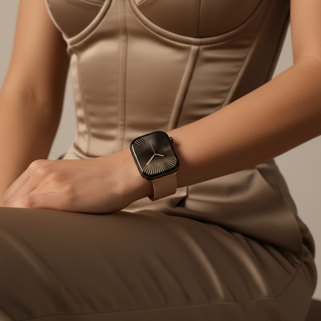 Person wearing a beige sleeveless top and pants with a matching watch on a neutral background