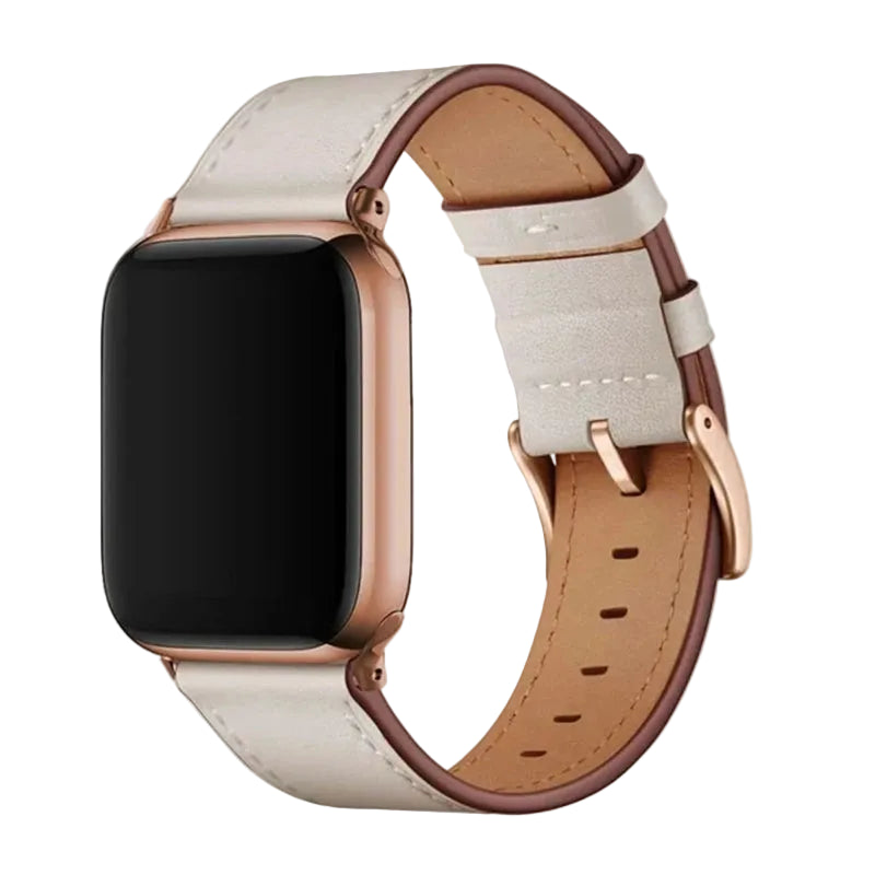 Smartwatch with a beige and brown leather strap on a light background