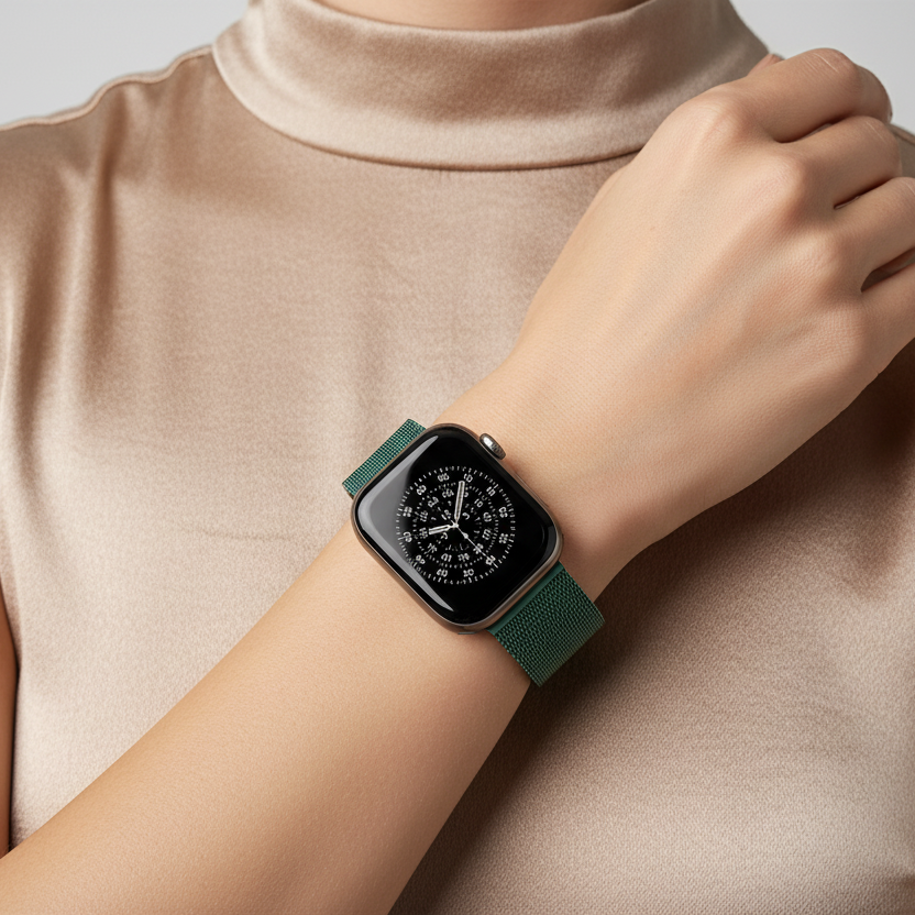 Person wearing a smartwatch with a beige sleeveless top on a neutral background