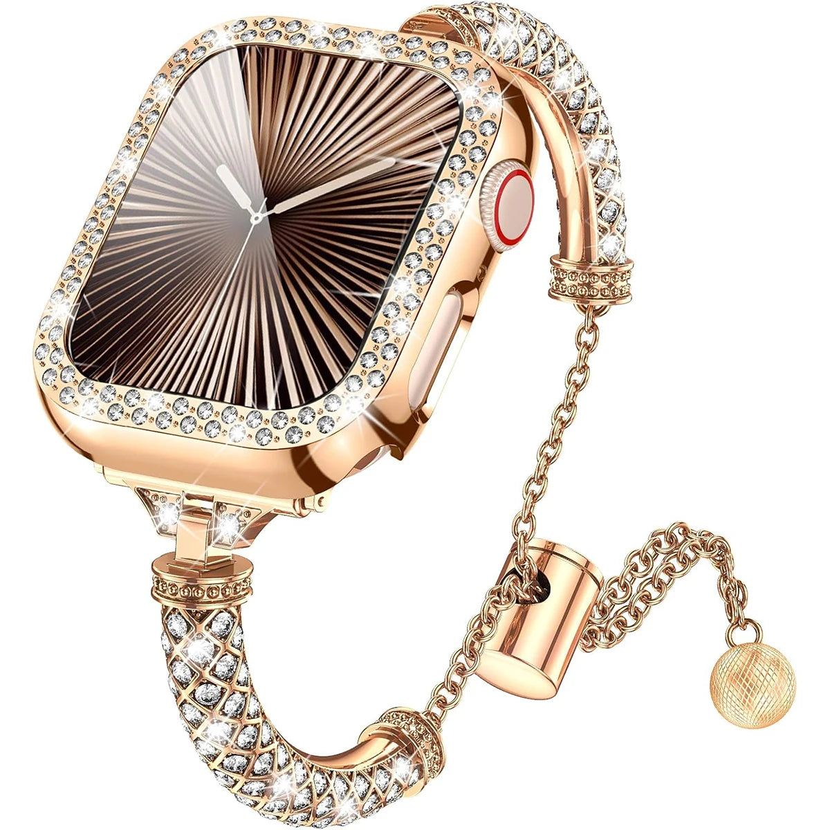 Luxury smartwatch with rose gold case and chain on a white background