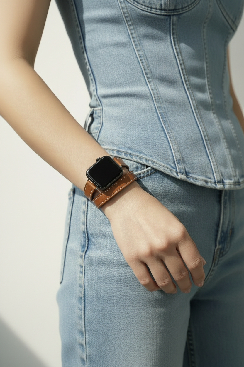 Person wearing a smartwatch with a brown leather strap on a plain background