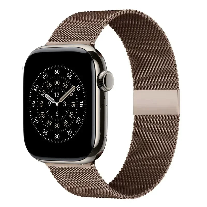 Smartwatch with a brown mesh band on a white background