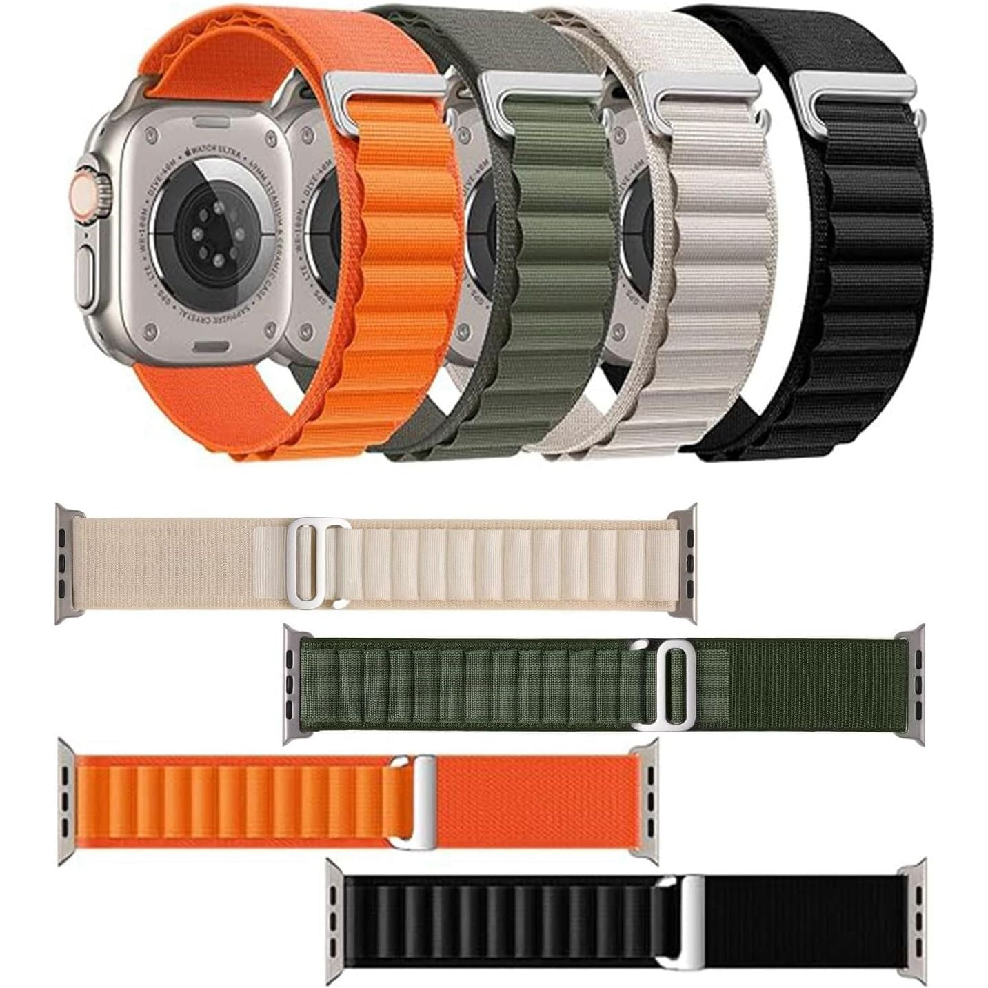 4 Pack Sport Bands Compatible with Apple Watch Ultra 42Mm 44Mm 45Mm 49Mm, Replacement Bands for Apple Watch, Adjustable Sport with Titanium G-Hook Braided Bands for Iwatch Series 9/8/7/6/5/4/3/2/1/SE