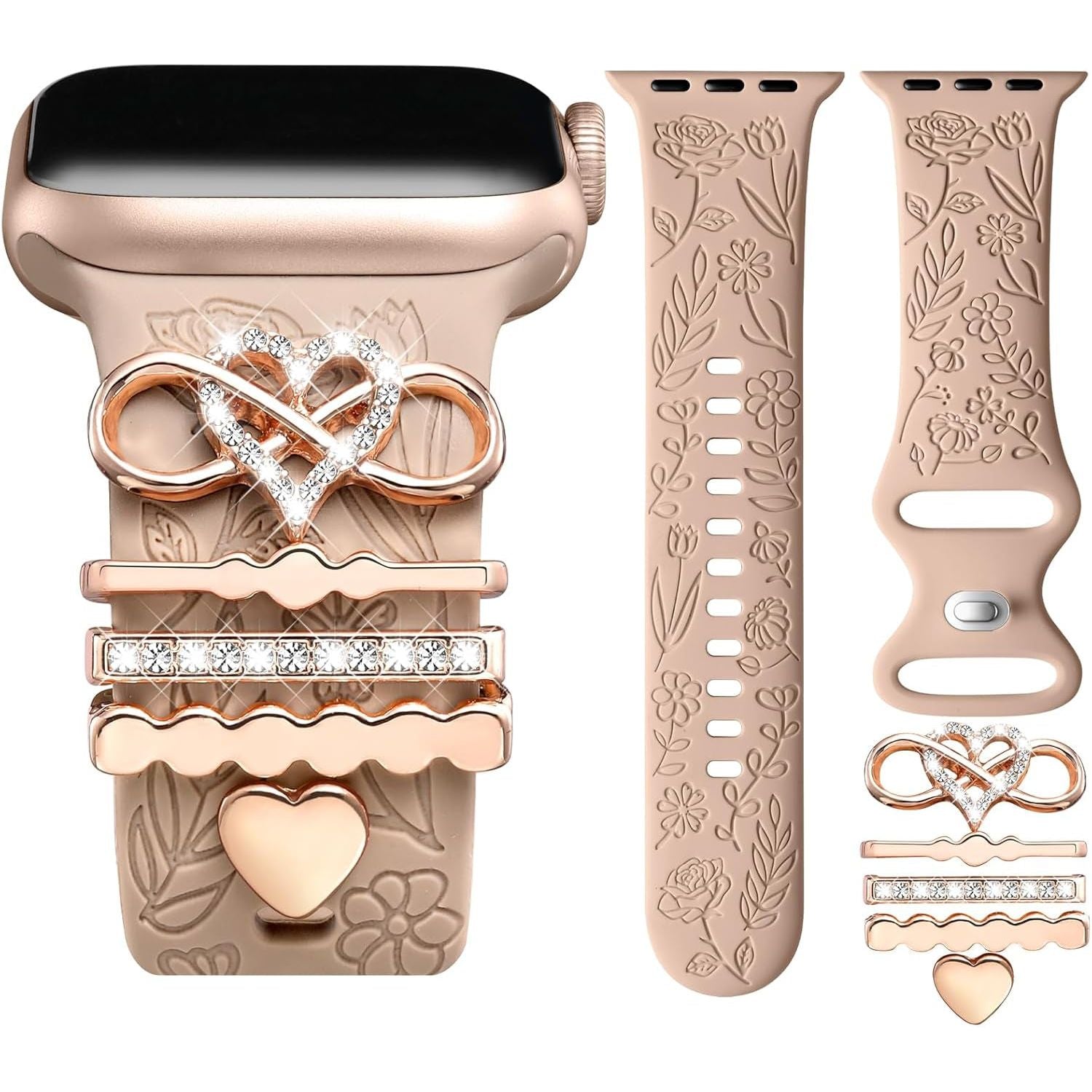 Flower Engraved Band Compatible with Apple Watch Bands 38Mm 40Mm 41Mm for Women, Soft Silicone Sport Band with Decorative Apple Watch Charms for Iwatch Series 9 8 7 6 5 4 3 2 1 SE (With Band)