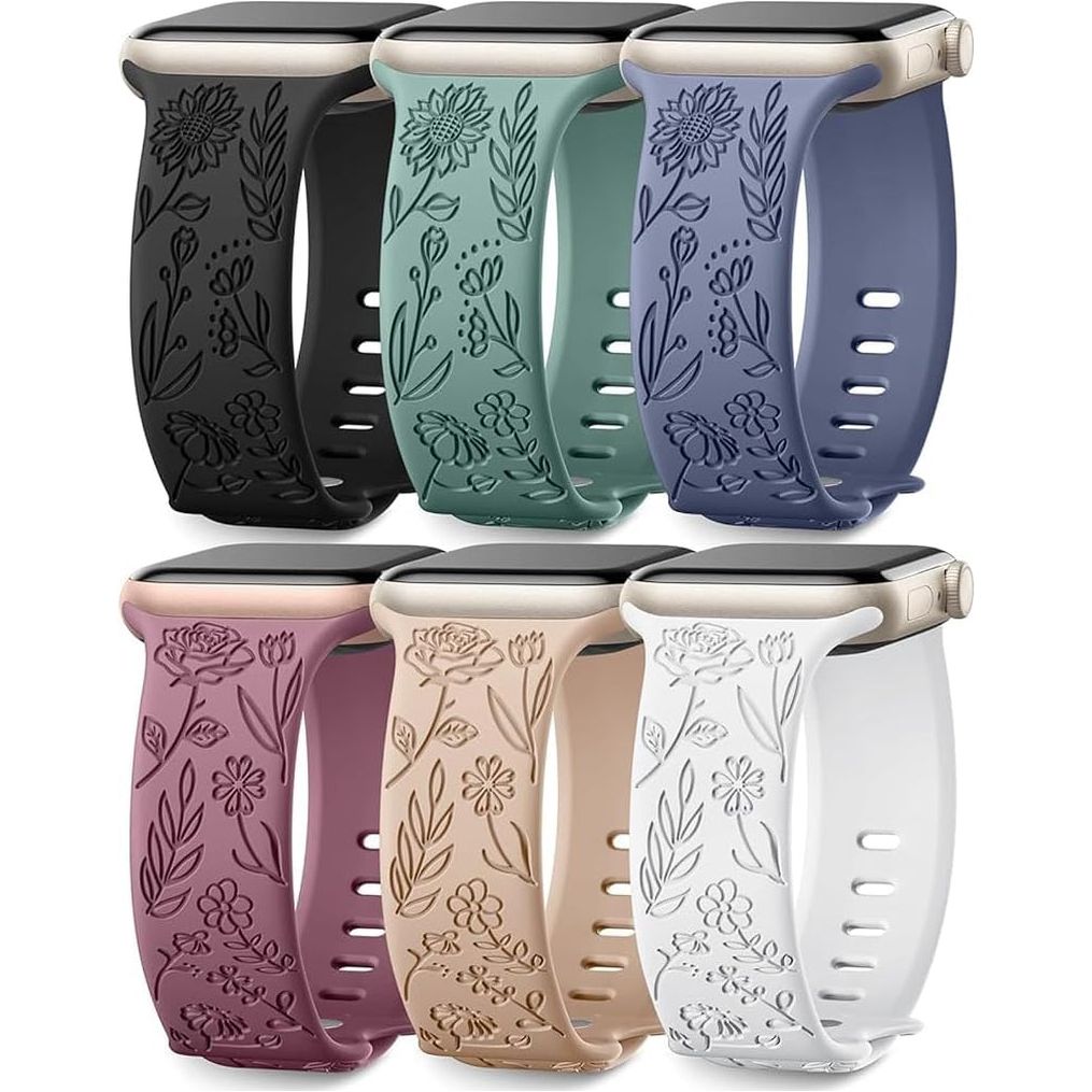 6 Pack Floral Engraved Bands Compatible with Apple Watch Band 40Mm 38Mm 41Mm 42Mm 44Mm 45Mm 49Mm Women, Silicone Soft Cute Flower Pattern Strap for Iwatch Series Ultra Ultra 2 SE 9 8 7 6 5 4 3 2 1