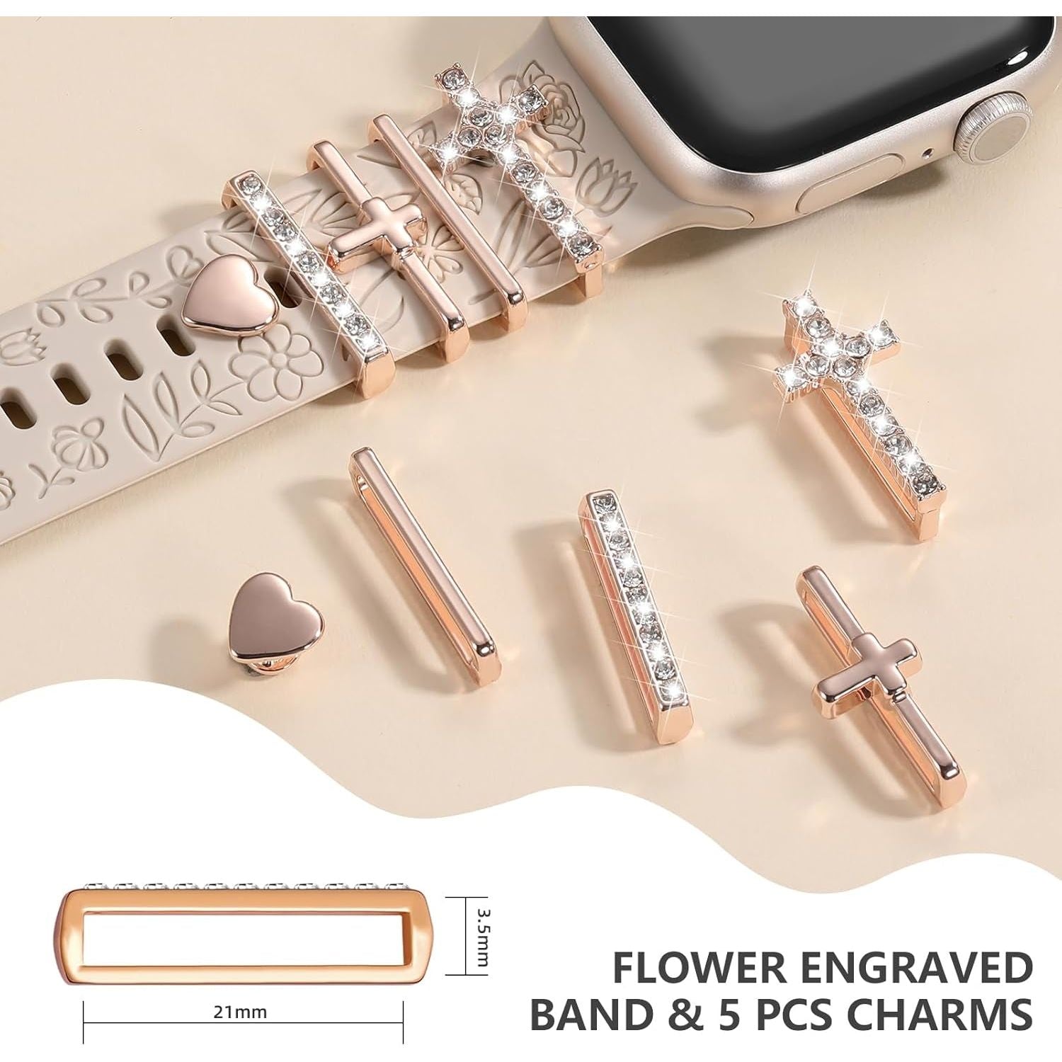 Straplab Floral Engraved Soft Silicone Apple Watch Band with 5 Charms