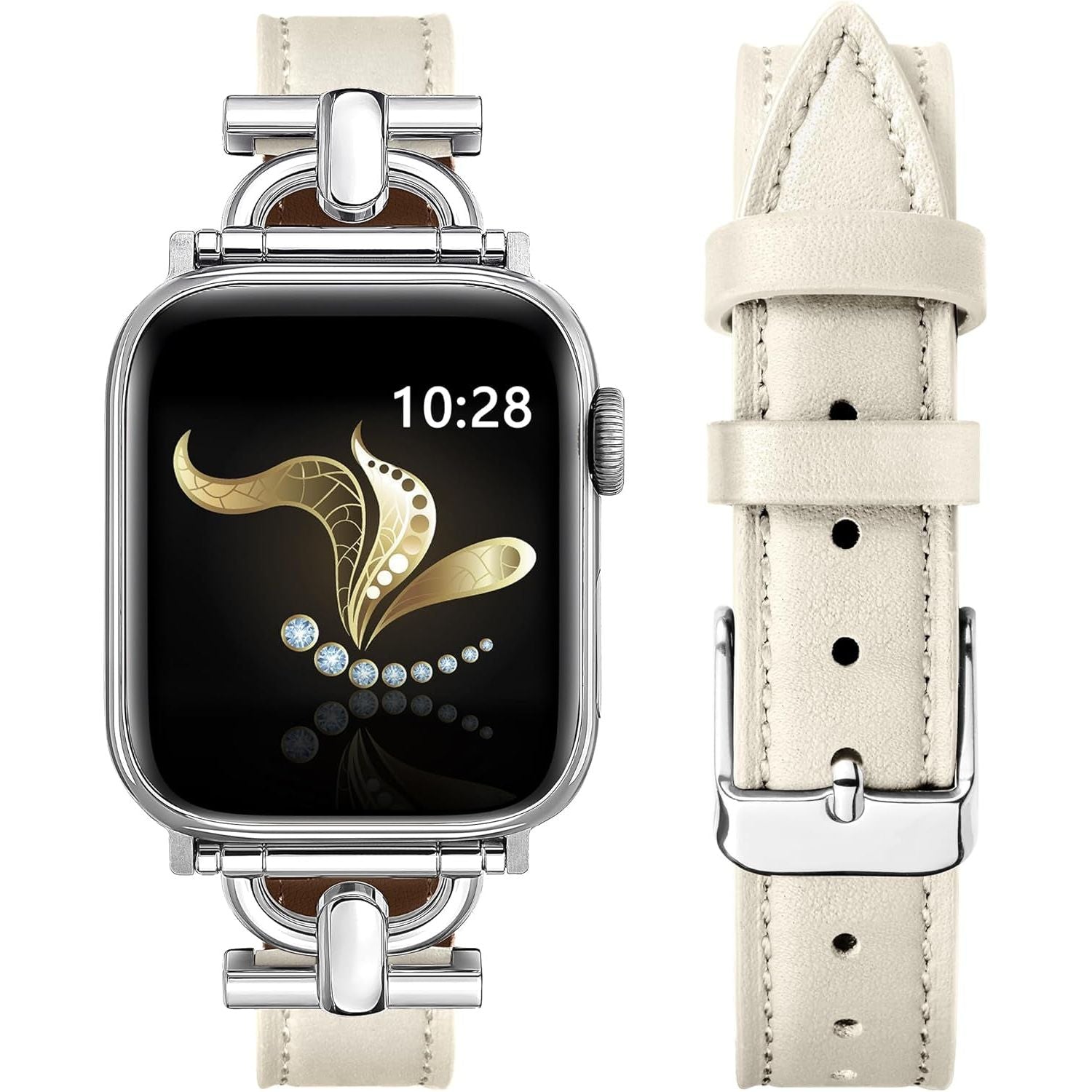 Compatible with Apple Watch Strap 42Mm 41Mm 40Mm 38Mm, Luxury Leather Band for Iwatch Series10 9 8 7 6 5 4 3 2 1 SE, Slim Dressy Apple Watch Band with D-Shape Metal Buckle,Women(Black/Rose Gold）