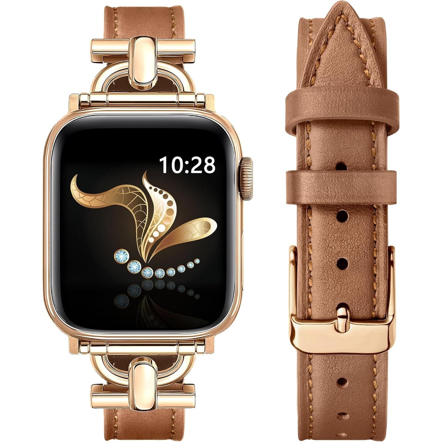 Compatible with Apple Watch Strap 42Mm 41Mm 40Mm 38Mm, Luxury Leather Band for Iwatch Series10 9 8 7 6 5 4 3 2 1 SE, Slim Dressy Apple Watch Band with D-Shape Metal Buckle,Women(Black/Rose Gold）